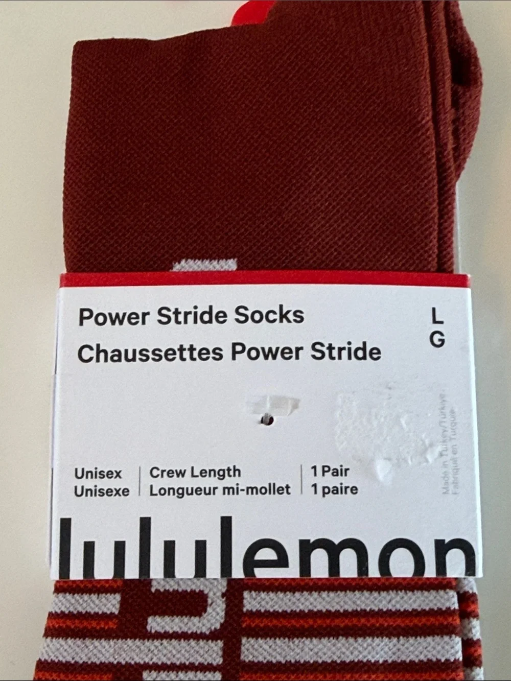 NEW Lululemon Power Stride Crew Socks Stripe Size L Cranberry Charm White Unisex